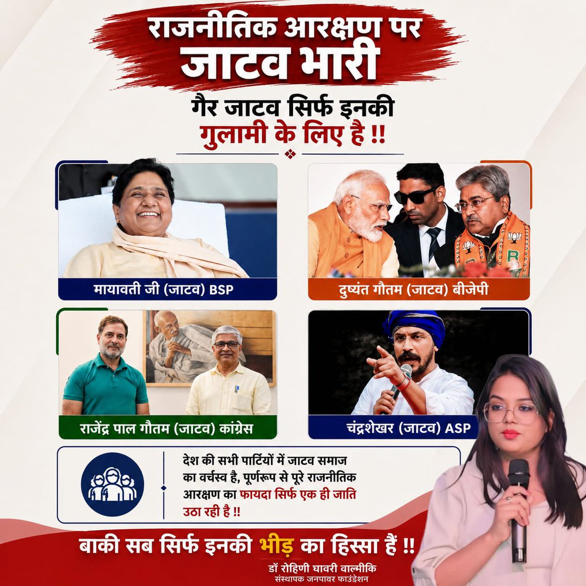 DrRohinighavari's tweet photo. आज़ादी के बाद से ही राजनीतिक आरक्षण पर सिर्फ़ एक ही जाति का क़ब्ज़ा है यही वजह है की आज तक एक भी वाल्मीकि समाज का राष्ट्रीय नेता नहीं बन पाया !! 

यह दर्द है मुझे अपने समाज का आख़िर क्यों यह लोग हमसे हमारा हक़ छीनते है !! 

हर पार्टी में यह क़ब्ज़ा जमाए बैठे है बाक़ी दलित क्या सिर्फ़ इनकी गुलामी करेगा ? 

ग़ैर जाटव को हक़ कब मिलेगा पूछता है भारत !! 

आरक्षण वर्गीकरण समय की माँग है और हम पूरे देश में लागू करा कर मानेगे !! 

#Rohinighavari #India #switzerland