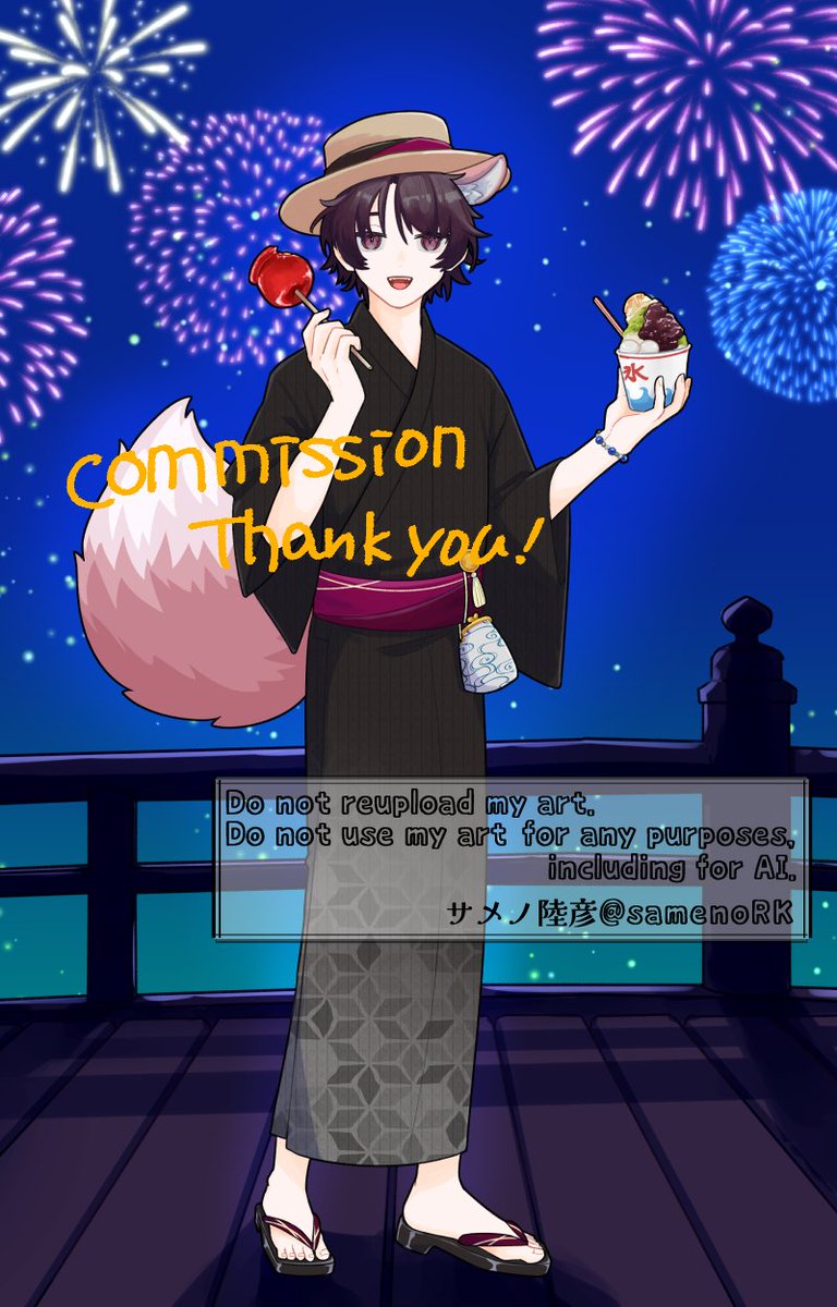 samenoRK's tweet photo. ���玉善哉様の浴衣をデザインさせていただきました🎨甘味処の店主様です～！！
和モダン、帯に小物、夜のお祭りっぽい雰囲気…などのご希望と、ご本人様のお好きな物（甘いもの）を一枚絵に取り入れています🙌ご依頼ありがとうございました！
【つなぐ】 https://t.co/cw2I5rn3EO 
#つなぐ #commission https://t.co/POwXJmo3RM