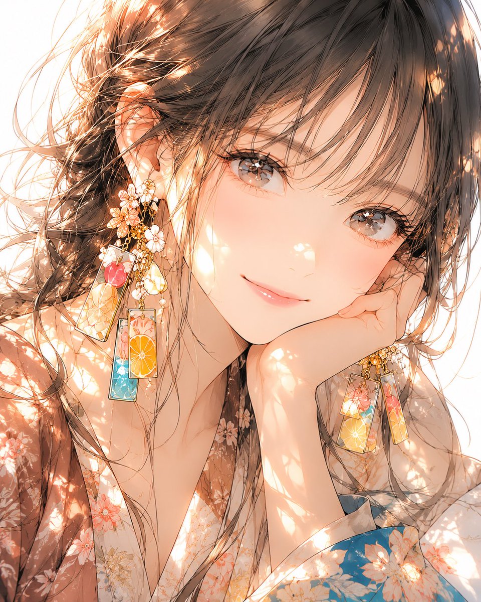 static_stare's tweet photo. 用GPT image2复刻一张

提示词

创作一幅高完成度日系少女数字插画，采用极近距离半身肖像构图。一位成年年轻东亚女性以非常靠近镜头的姿态出现在画面中，脸部占据画面绝大面积，头部微微向一侧倾斜，一只手自然托住下巴或脸侧，身体略向镜头靠近，形成亲密、轻松、带一点自拍感的视觉距离。

人物拥有柔和精致的少女系五官，大而通透的灰棕色或浅茶色眼睛，虹膜内部具有高光、玻璃感和细腻层次，睫毛纤长但不过度夸张。眉毛柔细自然，鼻梁与鼻尖只用极轻的明暗塑造，不做强硬轮廓。嘴唇小巧、柔软、略带水润粉色，嘴角轻轻上扬，形成含蓄、温柔、亲近的微笑。

黑色或深灰棕色长发以自然蓬松的半盘发或松散束发呈现，额前有轻薄碎刘海，脸侧保留大量细碎发丝和弯曲鬓发。头发线条细密、流畅，既有清晰线稿，也有柔和色块塑造。发丝受到暖色阳光照射后，局部出现橙金色高光与透光边缘，让深色头发在光下呈现暖棕变化。

人物佩戴非常华丽、带夏日和风气息的大型耳饰。耳饰由金色金属结构、透明珠饰、小花、贝壳或玻璃质感装饰以及数枚垂坠长方形装饰牌组成。长方形耳坠表面绘有鲜艳水果或夏日图案，例如橙子切片、柑橘、热带花纹、渐变玻璃色块，以橙黄、珊瑚粉、青蓝、乳白为主。耳饰层层垂落，数量较多但结构清晰，形成画面中最醒目的装饰性元素之一。

服装带有轻和风、浴衣、夏日连衣裙或改良和服的视觉语言，但不需要严格考据。衣料以深灰、烟粉、暖棕和浅米色为基础，加入花卉、植物、叶片或传统纹样。局部衣料使用半透明薄纱、轻丝绸和柔软印花面料叠加，形成细腻层次。肩颈区域保留柔和肌肤空间，让大型耳饰与面部成为视觉重点。

构图采用极近距离斜向构图。人物脸部位于画面中心偏上，头部略微倾斜，一只手从右下方托住下巴，手臂和手腕自然进入画面边缘。另一侧发丝、耳饰与衣料形成复杂但有秩序的视觉装饰。允许局部头发、肩膀、手臂和服装超出画框，使画面具有贴近感与动态感。