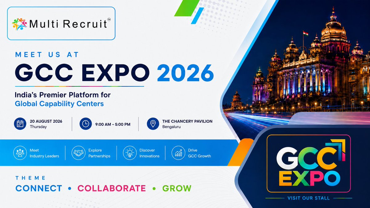 MultiRecruit's tweet photo. See you at #GCCexpo2026

Visit the Multi Recruit stall to explore GCC hiring, leadership search, AI-powered recruitment, and talent strategies.

📅 20 August 2026
🕘 9:00 AM – 5:00 PM
📍 Grand Ballroom, The Chancery Pavilion, Bengaluru

#GCCIndia #TalentAcquisition #FutureOfWork https://t.co/PB2WIA8Rhr