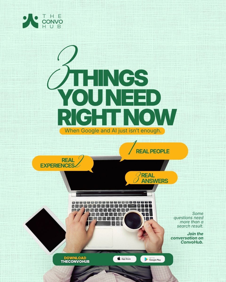 TheConvohub's tweet photo. Google gives you information. AI gives you generic answers. Some questions need more than that.
Real people. Real experiences. Real answers. That's ConvoHub.
Download now and join the conversation.
#TheConvoHub #RealAnswers #JoinTheConversation https://t.co/SC4U4BA5A4