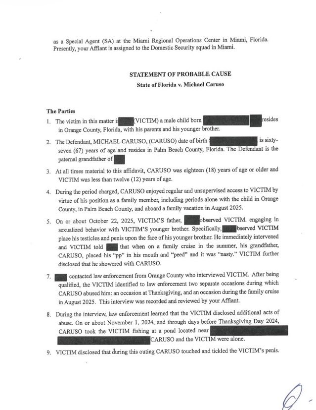 Villgecrazylady's tweet photo. Mike Caruso was credibly accused of molesting his own 5 year old grandson in October of 2025 in the most disgusting way imaginable and yet he wasn’t arrested until yesterday. Why is that? 

Does the state of Florida allow child molesters to walk around free as long as they promise to buy Israel bonds???