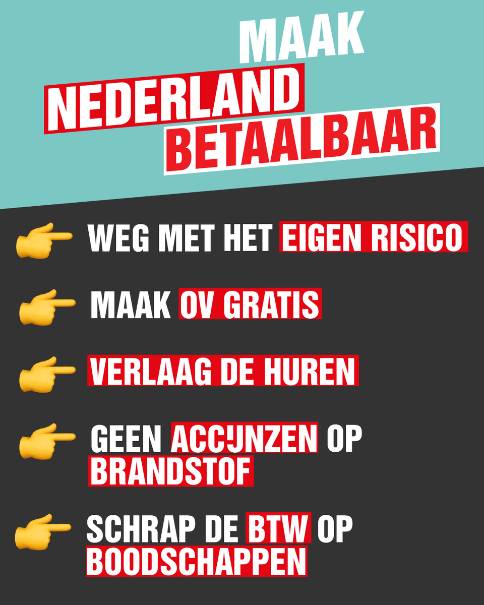 SPnl's tweet photo. Het leven is onbetaalbaar.

Steeds meer mensen raken dieper en dieper in de schulden door de stijgende prijzen. De kosten voor boodschappen, energie en huur gaan door het dak en een dagje uit is er helemaal niet meer bij. En intussen doet kabinet Jetten helemaal niks.

Het is tijd voor actie. Maak Nederland betaalbaar:
🩺 Weg met het eigen risico
🚄 Maak OV gratis
🏠 Verlaag de huren
⛽️ Geen accijnzen op brandstof
🍞 Schrap de btw op boodschappen

Steun de actie via https://t.co/RBgGTslHgU