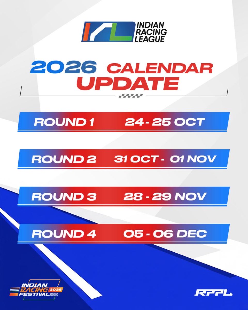 Irlofficial1's tweet photo. Calendar Update 🚨

The 2026 Indian Racing League is officially kicking off in October! 

Four rounds. Six Teams. Non-stop action.

#IndianRacingLeague #IRL2026 #IndianRacingFestival #Motorsport #TheThrillOfChasingLimits https://t.co/lawG61LNh0