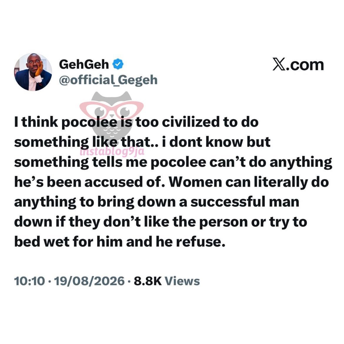 JobPam33's tweet photo. Women can do anything to bring down a successful man - GehGeh backs Poco Lee amid reports of his alleged arrest in the U.K https://t.co/R5Y5TOU8cQ