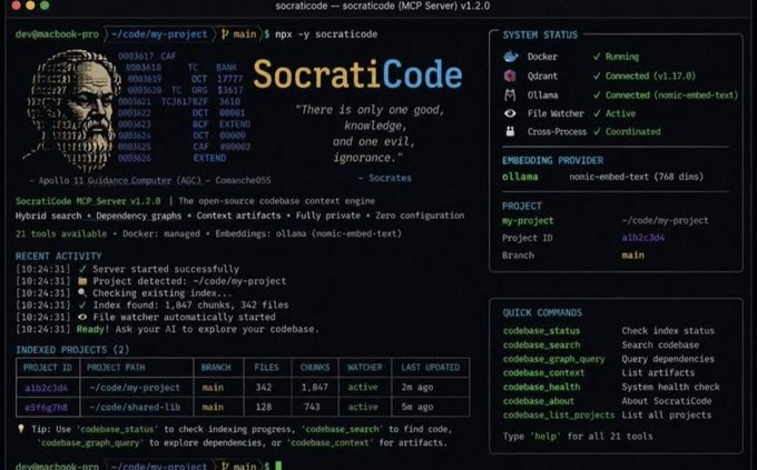 ftcarpe's tweet photo. te presento SocratiCode, una herramienta GRATIS y 100% local para que tu IA entienda tu código entero a fondo.

> ahorras un 61% de contexto.
> es 37 veces más rápida que las búsquedas por grep. 
> cero configuración.

ya se ha probado en 40M de líneas de código y es brutal, te dejo el link de la repo en comentarios 🙇🏻‍♂️
