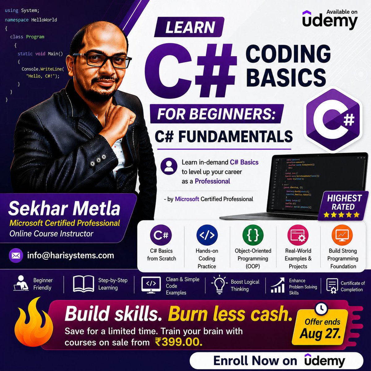 metlasudha's tweet photo. Learn C# Coding Basics for Beginners: C# Fundamentals
https://t.co/P5iEOAdOzT
#Csharp #fundamentals #beginners #basics #coding #programming #OnlineCourses #ArtificialIntelligence #Upskilling #LearnWithUdemy #ITeachWithUdemy https://t.co/mTdA8IOXF9