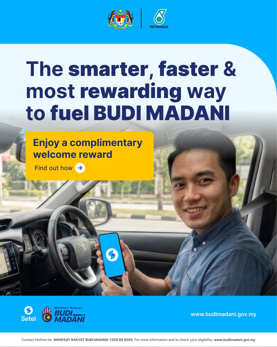 setel's tweet photo. 𝗢𝗻𝗲 𝗹𝗲𝘀𝘀 𝘁𝗵𝗶𝗻𝗴 𝘁𝗼 𝘁𝗵𝗶𝗻𝗸 𝗮𝗯𝗼𝘂𝘁.

Experience a more seamless way to fuel BUDI MADANI with Setel. Check your eligibility, track your quota and fuel directly from your vehicle - all in one app.

With a ONE-TIME MyKad verification, every fuelling experience becomes more efficient. No more reaching for your MyKad every time you fuel! ⛽️

Earn Mesra Rewards points along the way and redeem them into Setel Credit for your next fuelling.

New to Setel? There’s something waiting for you. Download Setel, register and verify your account to enjoy a complimentary welcome reward. 🎁

A smarter way to fuel, designed around your time. Setel je! 💙

#SetelUntukMalaysia 🇲🇾