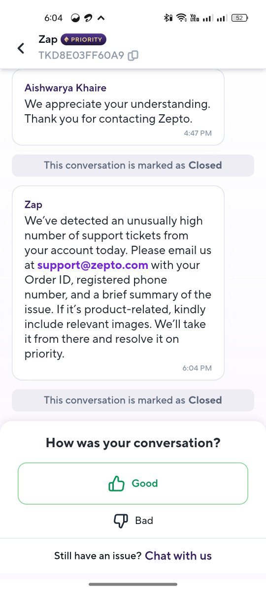 krishanudebnath's tweet photo. @ZeptoNow @ZeptoNow  @zeptocares  your delivery team has not delivered all items and after raising the query your team close the ticket inappropriately. I need my product to be delivered or refund.
Instead of solving my issue now they are not allowing me to create tickets.
@jagograhakjago https://t.co/a4NdpzLeSm