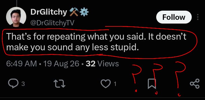 Karamic's tweet photo. @DrGlitchyTV @Zunachuu @bigsexy10102 "it doesn’t make you sound any less stupid". Don't be talking about professional manner when you were throwing insults too bud💀 https://t.co/KOimEa28cs