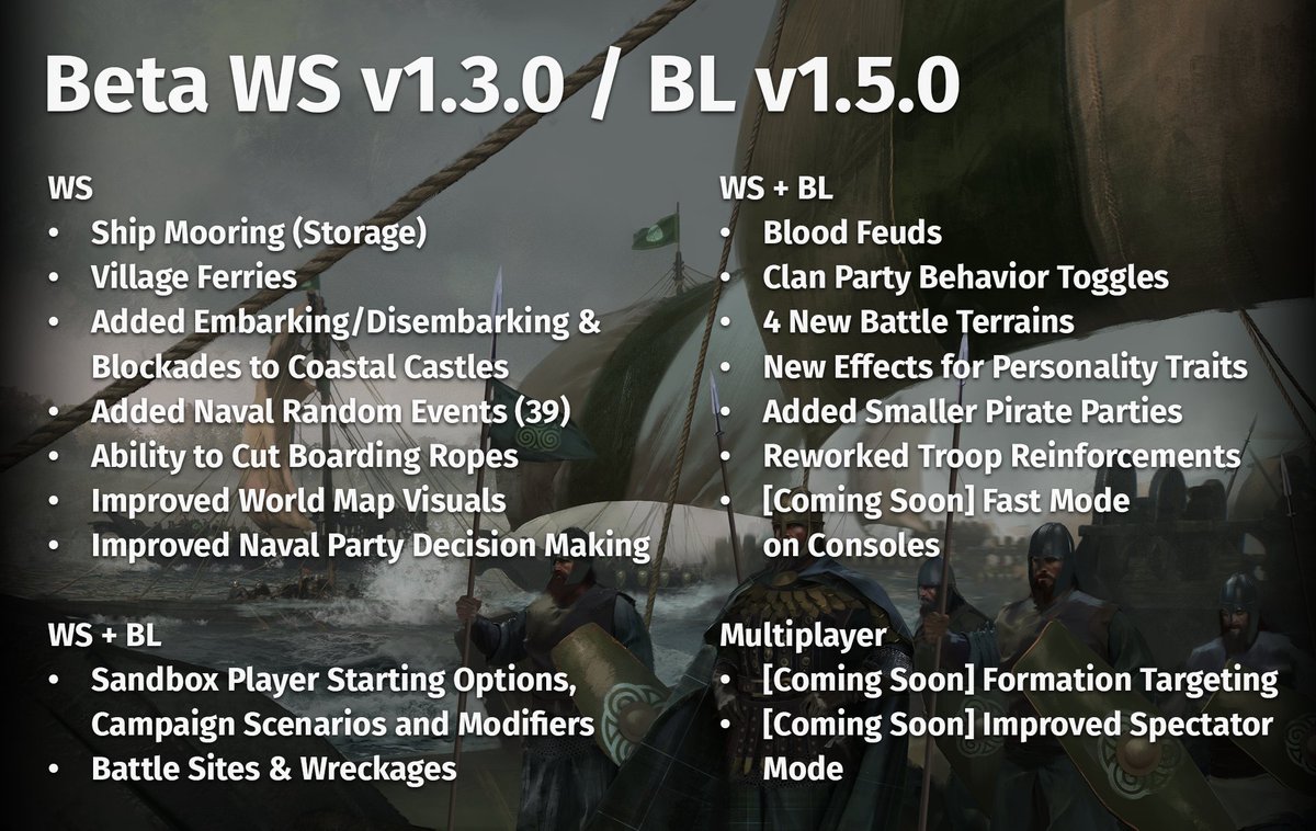 Mount_and_Blade's tweet photo. Beta Patch WS v1.3.0 / BL v1.5.0 is here! 🥳 

This Beta Patch brings more choice and variety to your Sandbox experience with Advanced Starting Options. Discover battle sites and wreckages, face blood feuds🩸, benefit from new trait effects, and take more direct control over your clan parties. ⚔️

For War Sails, ship mooring, village ferries, coastal castle port points, naval random events, and more bring earlier content access and things to do at sea. 🌊

🔗 Read the full Patch Notes here: https://t.co/T7F6DdjVCD

Hope you enjoy the Beta - we’re looking forward to your feedback!

#mountandblade #bannerlord #warsails