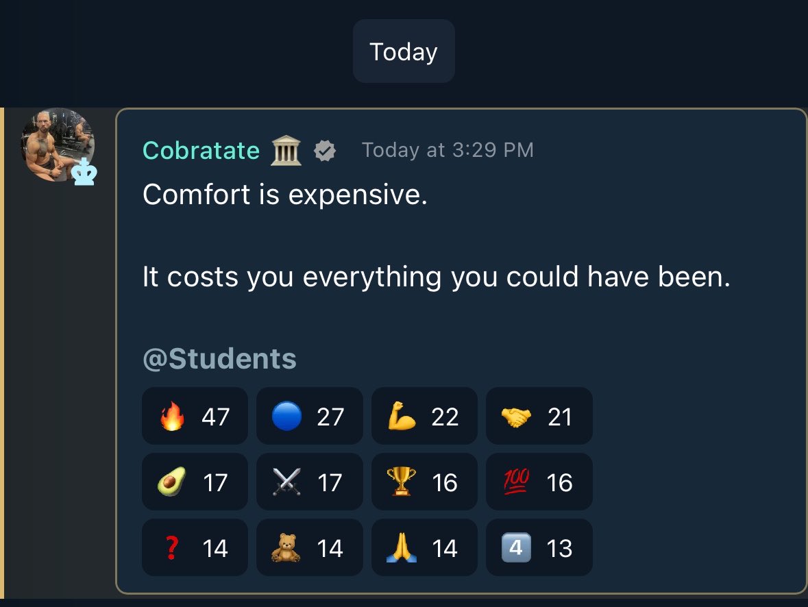 lastweekintrw's tweet photo. 🚨NEW: Andrew Tate’s heart-warming message from inside prison was just posted in The Real World.

“Comfort is expensive.

It costs you everything you could have been.”

It’s been 1 month since the Tate brothers were arrested, but they’re still able to get their message out 💪🙏 https://t.co/lpYcXbfFBi