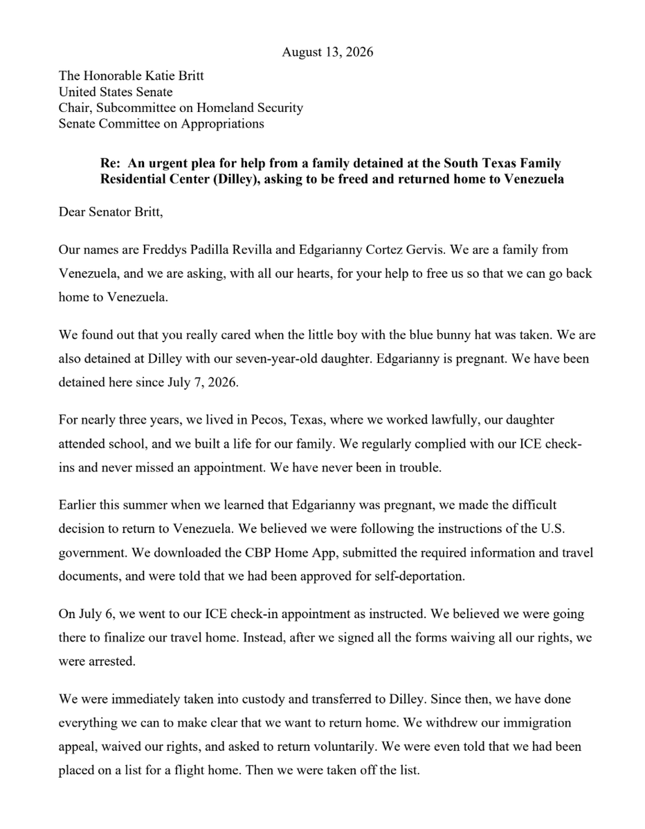 Timodc's tweet photo. @SenKatieBritt Update: Edgarianny and Freddys lawyers have not heard from @SenKatieBritt's office. They are still trapped with their 7 year old in the Dilley Internment Camp despite trying to self-deport and breaking no laws. Here is the parents letter begging for help. https://t.co/F5ssDQpWyi