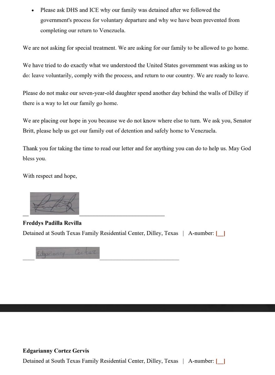 Timodc's tweet photo. @SenKatieBritt Update: Edgarianny and Freddys lawyers have not heard from @SenKatieBritt's office. They are still trapped with their 7 year old in the Dilley Internment Camp despite trying to self-deport and breaking no laws. Here is the parents letter begging for help. https://t.co/F5ssDQpWyi
