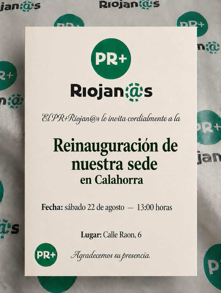 PartidoRiojano's tweet photo. ¡¡Reabrimos nuestra tradicional sede de Calahorra!!

La reinauguración será este sábado, 22 de agosto, a las 13:00 horas.

Te esperamos en la calle Raon, 6.

❤️🤍💚💛 https://t.co/WChiT08CyS