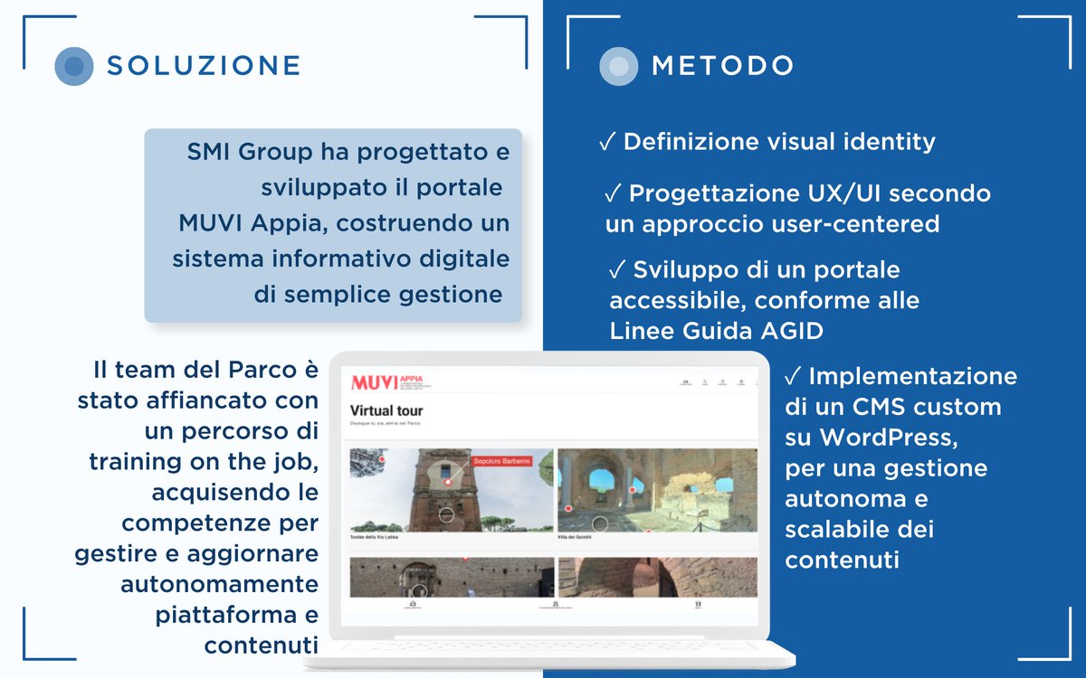 SMI_Group_IT's tweet photo. Il patrimonio dell’Appia Antica prende forma in una nuova dimensione digitale: con il progetto #MUVI #Appia, il Parco Archeologico dell'Appia Antica supera i limiti fisici di spazio e distanza, offrendo una nuova prospettiva di conoscenza del territorio attraverso un mosaico di fotografia storica, archeologia, arte e cultura. In questo contesto, SMI ha curato la progettazione e lo sviluppo del #Museo #Virtuale del Parco Archeologico dell’Appia Antica, uno spazio digitale e interconnesso nato per conservare, gestire e promuovere la conoscenza del Parco, garantendone una fruizione accessibile e inclusiva.

Con questo nuovo #SMICaseSnapshot raccontiamo un progetto in cui innovazione tecnologica, progettazione digitale e attenzione all’esperienza utente si incontrano per creare nuove modalità di fruizione del patrimonio culturale.
 
#SMIGroup #SMI #UXDesign #DigitalTransformation #CulturalHeritage #Accessibility