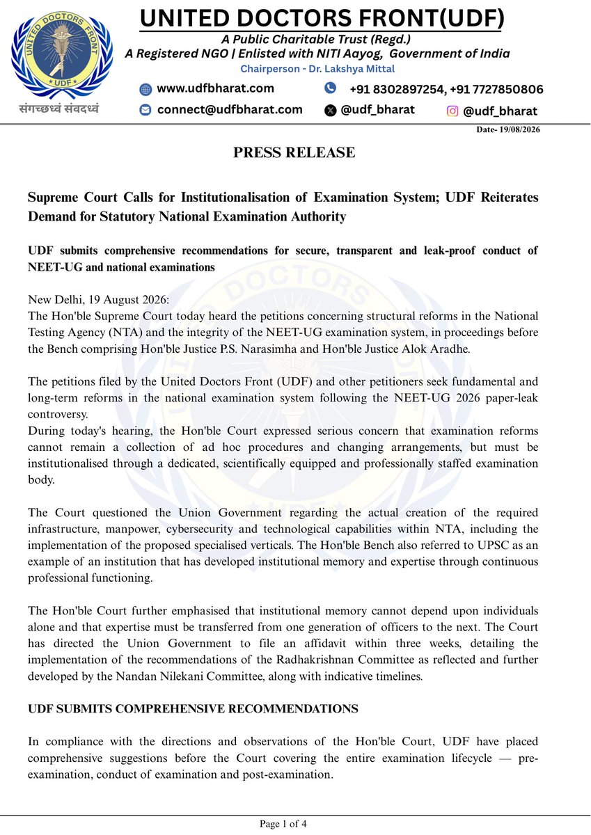 UDF_BHARAT's tweet photo. Supreme Court calls for institutionalisation of the national exam system; gives Centre 3 weeks to file an affidavit on NTA reforms.

Hearing the petition filed by @udf_bharat regarding NEET-UG integrity, the Hon’ble Bench (Justice P.S. Narasimha & Justice Alok Aradhe) emphasised that exam reforms cannot remain ad hoc and must mirror institutional models like UPSC.

Key demands submitted by UDF:
• Replace NTA with a Statutory National Examination Authority via an Act of Parliament
• Permanent professional cadre (cybersecurity, psychometrics, digital forensics)
• Digitally auditable chain of custody & secure transmission
• Shift to secure CBT/hybrid testing with independent audits
• Mandatory accountability to Parliament & public dashboard

“The problem is institutional, not merely technological. Students need implementation, not endless committees.”

@ANI @AnujaJaiswalTOI @IndianExpress @the_hindu 
@aajtak @TheNewspinch @ThePrintIndia  @TheNewIndian_in @TimesNow @timesofindia @CNNnews18 @thewire_in  
#NEET #SupremeCourt #NTA #MedTwitter #NEETUG