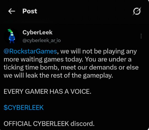 EstradaNews1's tweet photo. 🚨 BREAKING: Cyberleek, the leaker behind several GTA 6 leaks, is reportedly back with a new threat aimed at Rockstar Games. 👀⚠️

What could they be planning next? 😳🔥 https://t.co/HoTFV61Jvf