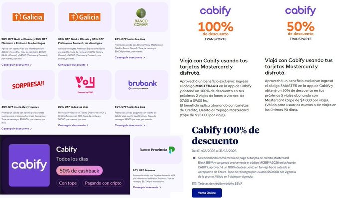 ahorrotwit's tweet photo. Todos los descuentos de Agosto en @cabify_arg :
✔️Con tarjetas VISA y MASTER @BancoGalicia tenés un 20%/25% con tope de $3000/$4000 #eminent x mes y con #Amex 20%/35% con tope de $5000/$6000 (Solo los Domingos)
✔️Con crédito @comafi 20% tope $10.000 x mes
✔️Con credito @VisaArgentina @Santander_Ar #Woman 30% tope $20.000 x mes (Solo miércoles y viernes)
✔️Débito @VisaArgentina @YOY_Arg y crédito #Master 20% tope $6000 x mes
✔️Con débito o crédito @brubankarg 40% $6000 solo #ultra
✔️Con @RipioApp con tu #RipioCard configurada para pagar con cripto tenés un 50% con tope x mes de $1600 bronze, $3200 Gold, $4800 Platinum y $8000 Black
✔️Con crédito @bancoprovincia 20% tope $5.000 x operación
Además hay 3 codigos para tener otrso descuentos con MASTERCARD:
1) Todos los dias pagando con tarjetas @MastercardArg usando el código 5MASTER tenés un 50% en tus próximos 5 viajes con tope de $4000 x viaje (usuarios nuevos o que no hayan viajado en los ultimos 90 dias)
2) De Lunes a Viernes usá el código MASTERAGO de 7 a 9hs y tenés un 100% en los primeros 2 viajes que hagas con un tope de $25.000 x viaje
3) Todos los días con @MastercardArg @bbva_argentina #Black aplicando el cupón MCBBVA2026 tenés un 100% con tope de $50.000 en un viaje desde o hacia Ezeiza de acá a fin de año!🤑🤑
Ojo, solo se puede usar 1 vez!