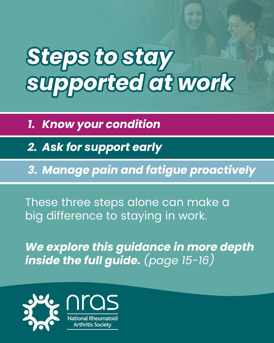 NRAS_UK's tweet photo. A diagnosis of RA or AJIA doesn't have to mean giving up work or changing your ambitions.

Our 'I want to work' guide offers practical advice on workplace support, your legal rights, managing symptoms at work and returning to work after time off.

Discover real-life experiences, expert guidance and the tools that can help you build success and confidence in your career. Order or download the full booklet today: https://t.co/yWbSsRRHm4