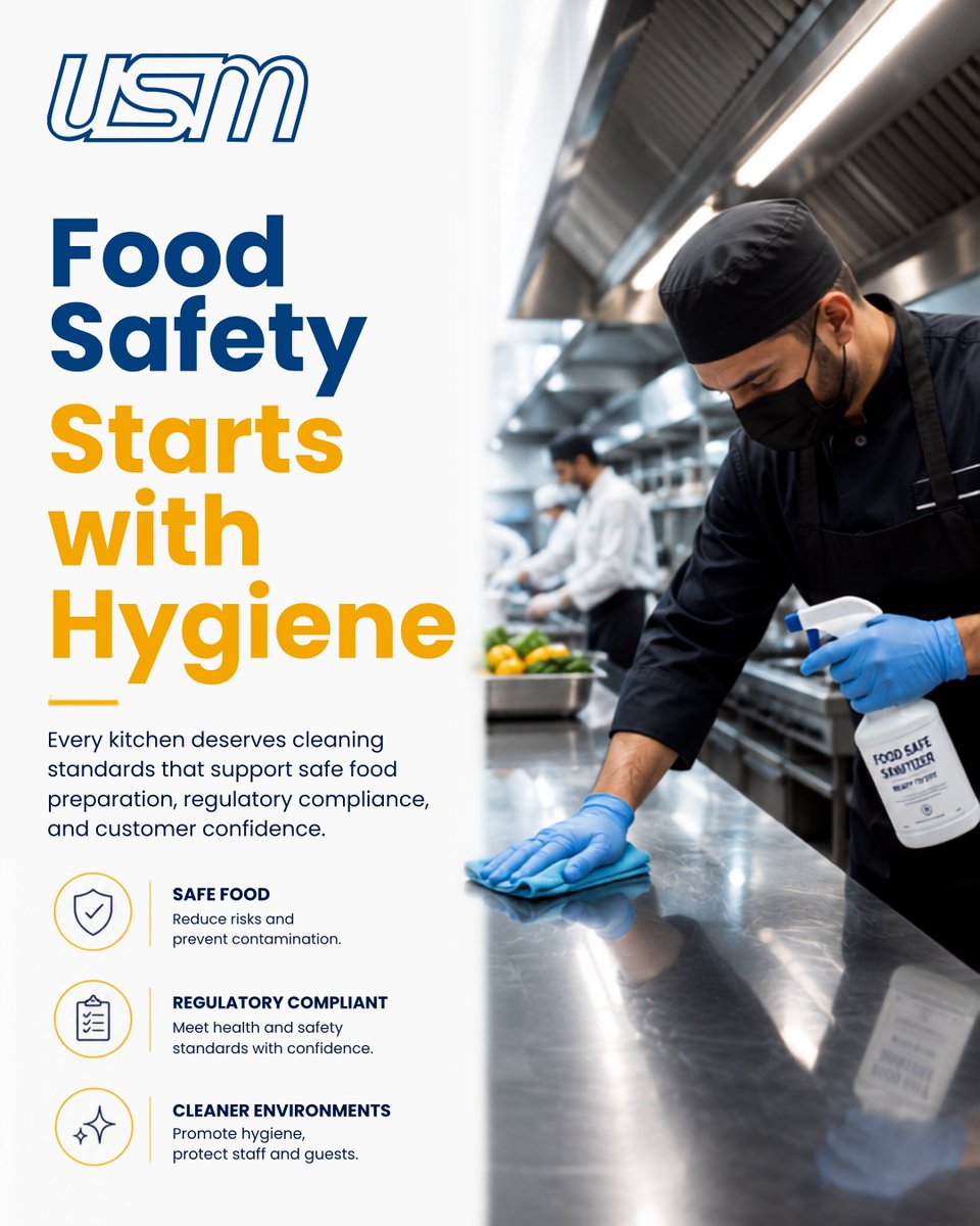 USMMENA1's tweet photo. Food safety begins long before the first meal is served. Our professional cleaning standards help restaurants  stay hygienic and safe for staff and guests.

#USM #FoodSafety #RestaurantCleaning  #ProfessionalCleaning #HygieneStandards #CleaningServices #Hospitality https://t.co/exbKnpihFp