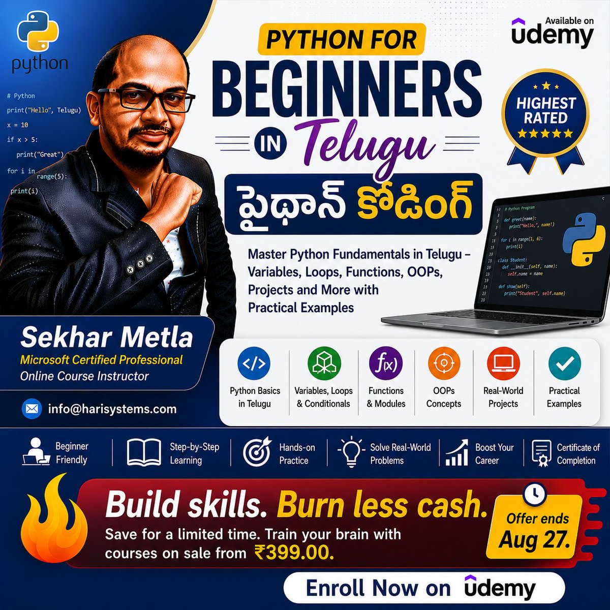 metlasudha's tweet photo. Python For Beginners in telugu - పైథాన్ కోడింగ్
https://t.co/QjZJdsS9oZ
#python #telugu #online #coding #programming #telugucourse #tutorial #OnlineCourses #ArtificialIntelligence #Upskilling #LearnWithUdemy #ITeachWithUdemy https://t.co/p4B6VXUsQb