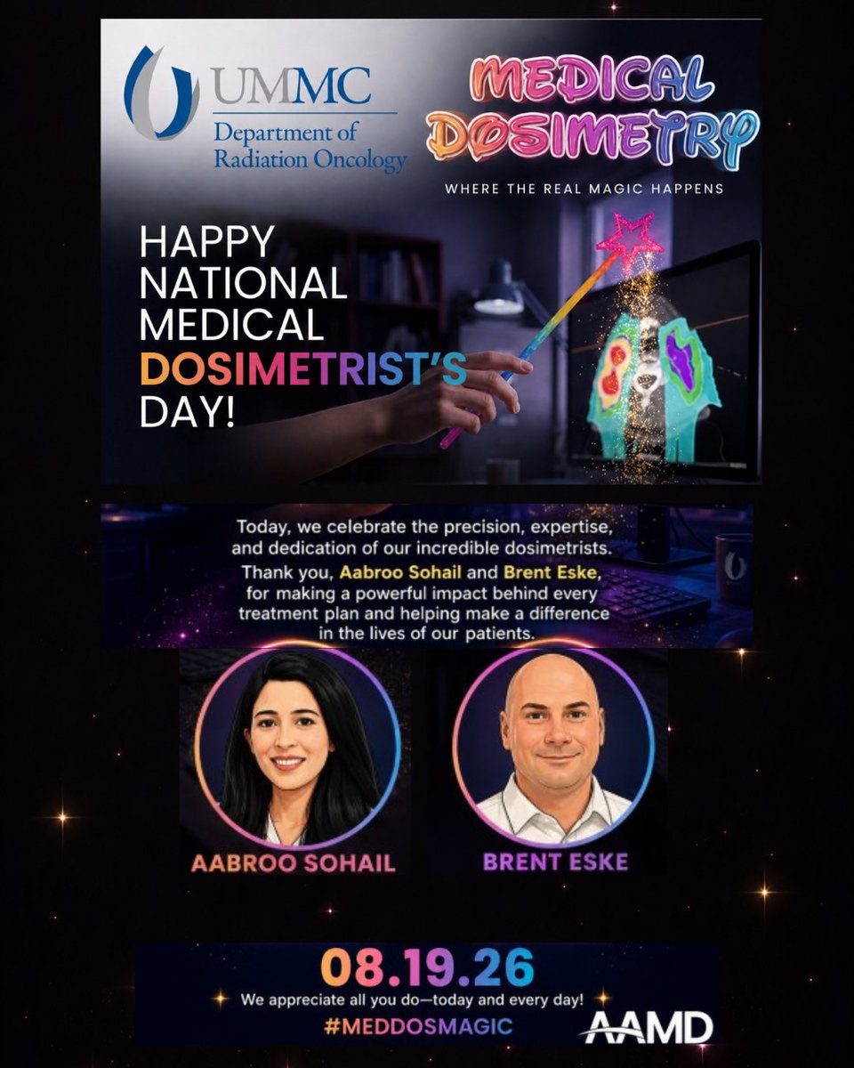UMMC_RadOncRes's tweet photo. A little magic happens behind every great treatment plan. Today, we're celebrating Aabroo Sohail and Brent Eske on National Medical Dosimetrist's Day! #AAMD #MedDosMagic #radonc #UMMC https://t.co/rr22W8kjwA