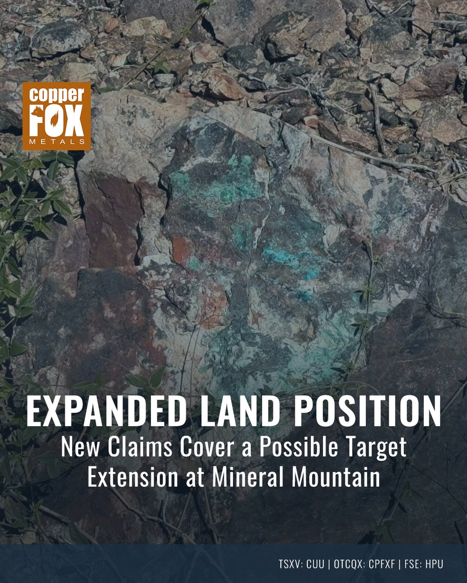 Copper_Fox2023's tweet photo. Mineral Mountain sits ~25km SW of Resolution and ~20km NE of Florence, on a major Arizona porphyry belt. After recent drilling, Copper Fox staked 6 claims, bringing potential targets to three.

Watch: https://t.co/hYiXfNoKAB

🇨🇦 $CUU.V 🇺🇸 #CPFXF 🇩🇪#HPU https://t.co/p9kjUEVmnp