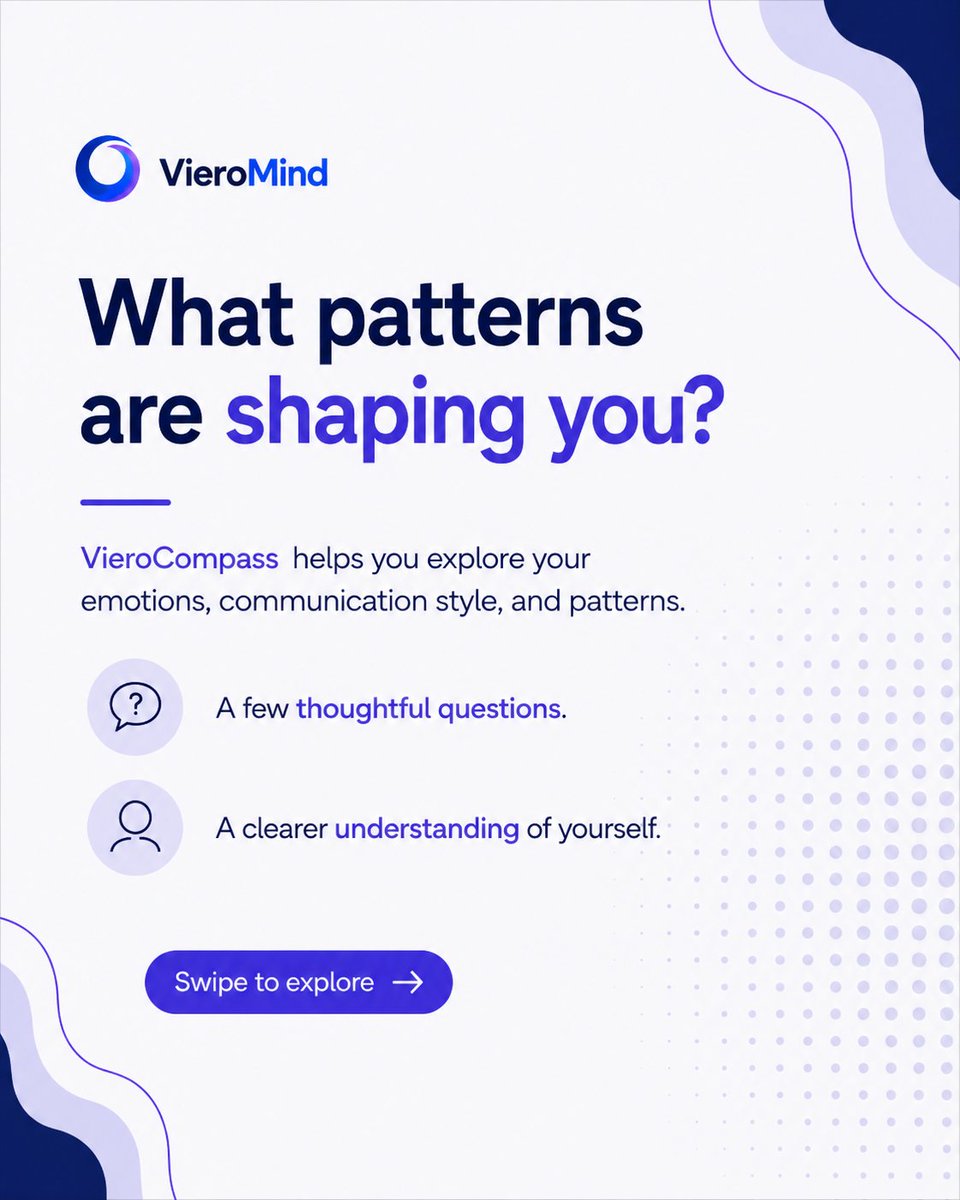 VieroMind's tweet photo. Ever notice patterns in how you think, feel, or respond?

VieroCompass helps you reflect on your emotions and personal patterns to understand yourself more clearly.

Discover your Compass:
https://t.co/LKIvIwZ2at
#VieroMind #VieroCompass https://t.co/y3V6ZuSjd6