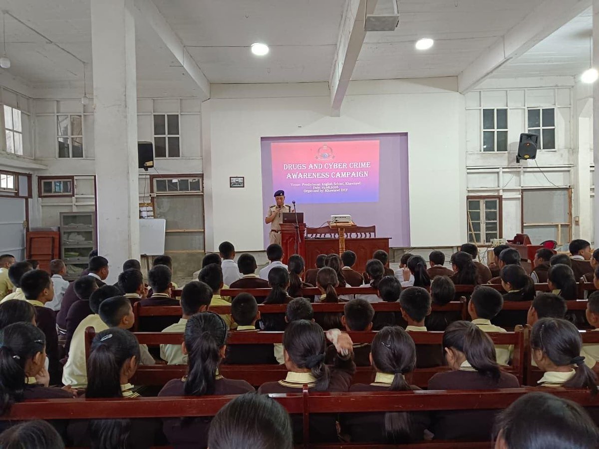 mizorampolice's tweet photo. A Drug and Cyber Crime Awareness Campaign was organized today by Khawzawl District Police at Presbyterian English School, Khawzawl. The awareness programme aimed to educate students on the dangers and harmful effects of drug abuse, as well as to create awareness about various https://t.co/SI1Qjgjozv