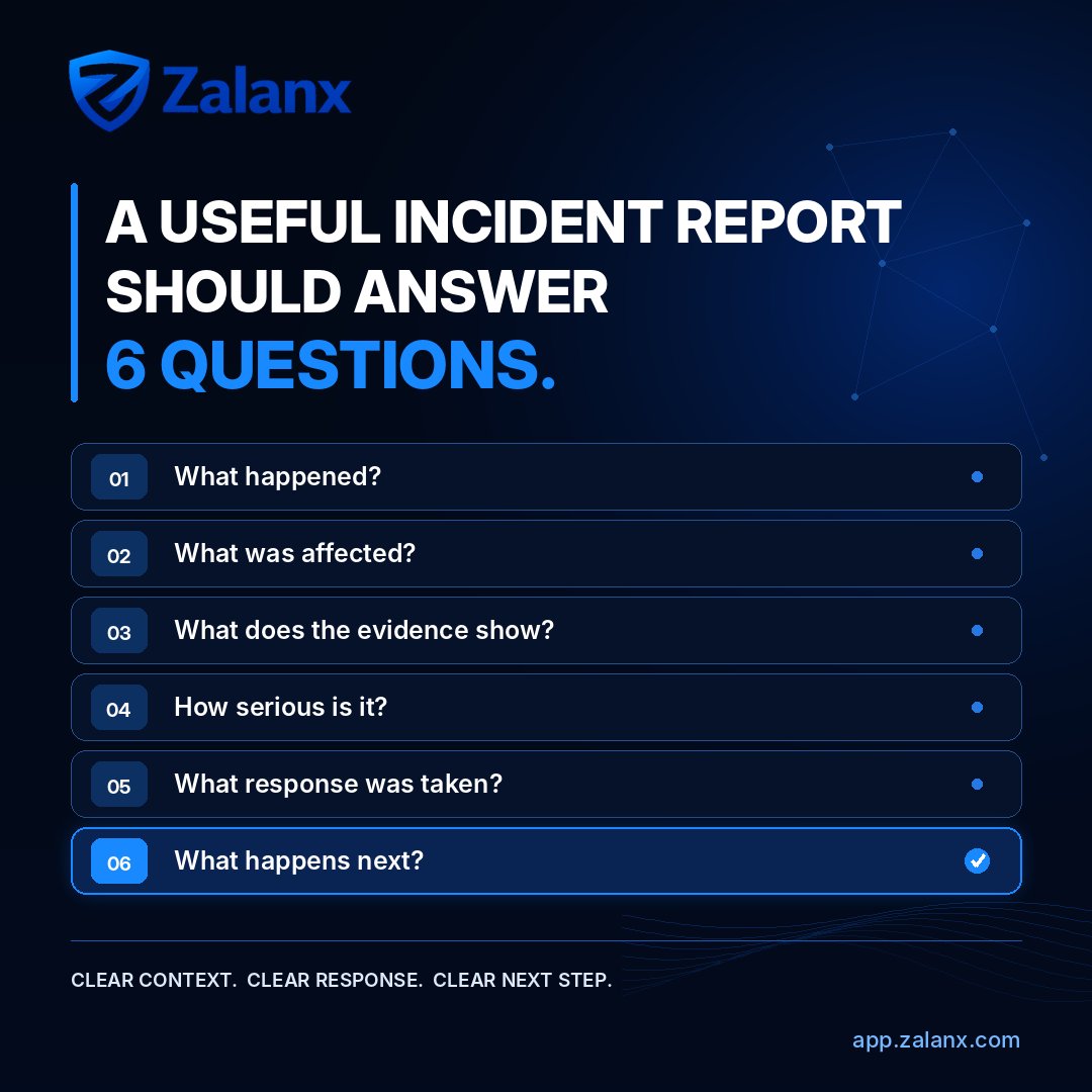zalanxapp's tweet photo. An incident report should help your team make a decision—not force them to decode raw logs.

A useful SaaS incident report should answer six questions:

What happened?
Which user, account, application, or system was affected?
What evidence supports the conclusion?
How serious is the incident?
What response was taken or recommended?
What needs to happen next?

Without these answers, a report is only a collection of events.

Zalanx helps lean SaaS teams bring incident context, response status, and next steps into one security workspace.

Clear context. Clear response. Clear next step.

Which of these six fields is most often missing from your incident reports?

Try Zalanx: https://t.co/ESoqyjD6vV

Book founder-led walkthrough: https://t.co/RHX4wBX7xt

#SaaS #Cybersecurity #IncidentResponse #SecurityOperations #Zalanx
