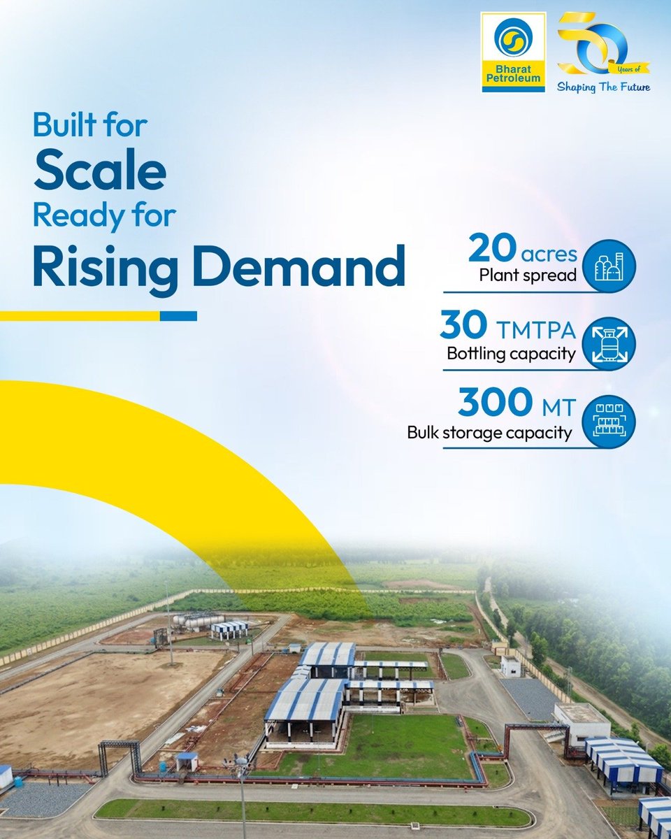 BPCLimited's tweet photo. BPCL’s Matia plant at Goalpara, Assam, is our first-ever LPG bottling plant in the state, marking a significant step in strengthening the region’s energy infrastructure.

Spread across 20 acres, the OISD 169-compliant facility offers 30 TMTPA bottling, 300 MT bulk storage and a 10-point electronic carousel with 600 cylinders/hour filling capacity. Integrated firefighting, gas detection and process safety interlocks ensure safe and reliable LPG distribution.

Our LPG plant at Matia reflects our commitment to contribute to the growth and progress of Northeast India.

#BPCL #Bharatgas #LPG #NortheastIndia #EnergisingLives
@HardeepSPuri @PetroleumMin @Secretary_MoPNG @BPCLLPG