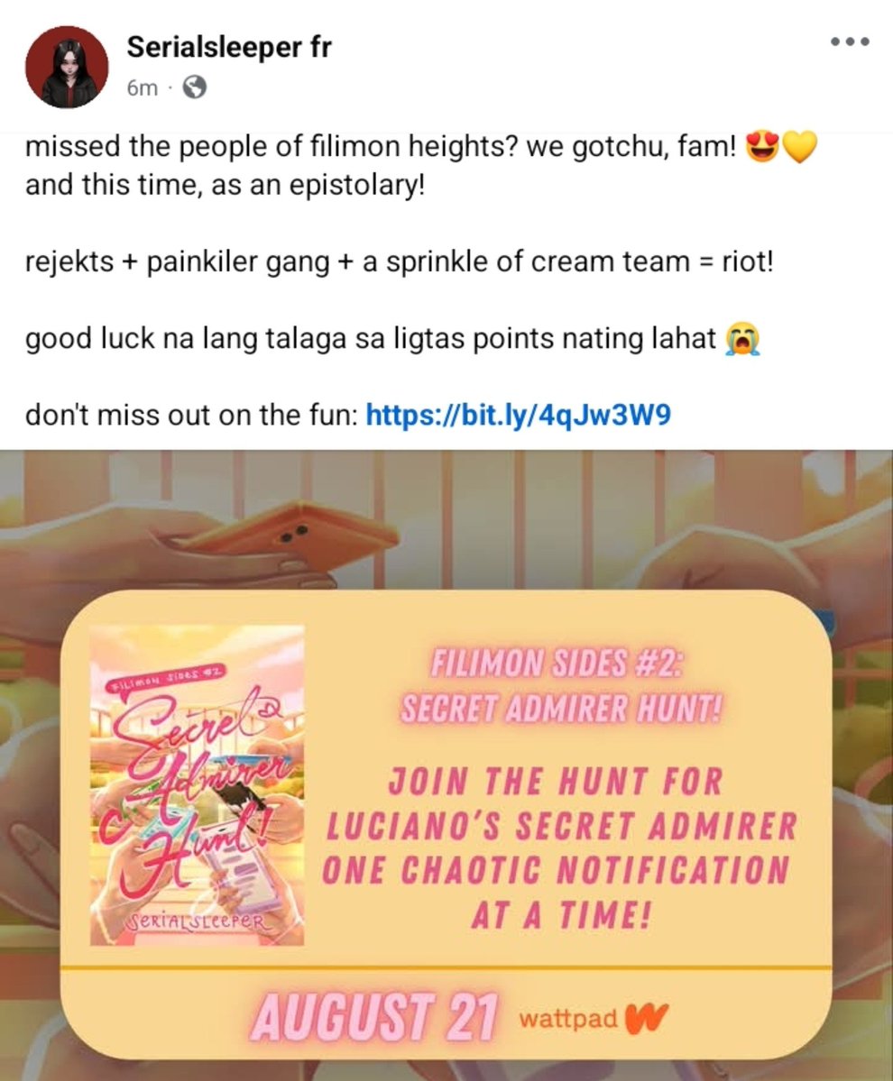 sagefernando_'s tweet photo. hello, sr fam!
did u miss our chaotic babes of filimon heights?! well, they're back! nanang just dropped filimon sides #2: Secret Admirer Hunt, an epistolary novel! 💌

buckle your seatbelts coz we're about to hunt down anak ni juday's secret admirer! 😌

SAH by @serialsleeperwp https://t.co/MDUnbxkpwn