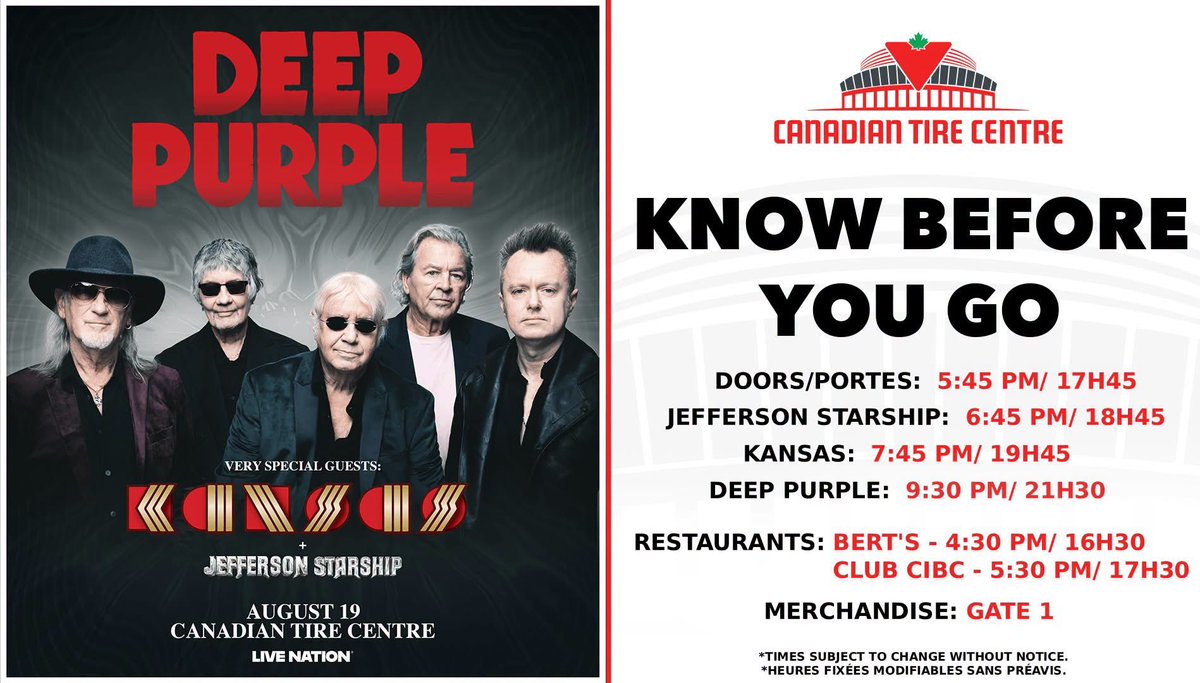 CdnTireCtr's tweet photo. Tonight/ Ce Soir - Deep Purple with Kansas 
🎫-> https://t.co/SqiuKAhd46
Please note that Bert's is operating out of Legacy. Please use appropriate doors. https://t.co/FEODhe6ByV