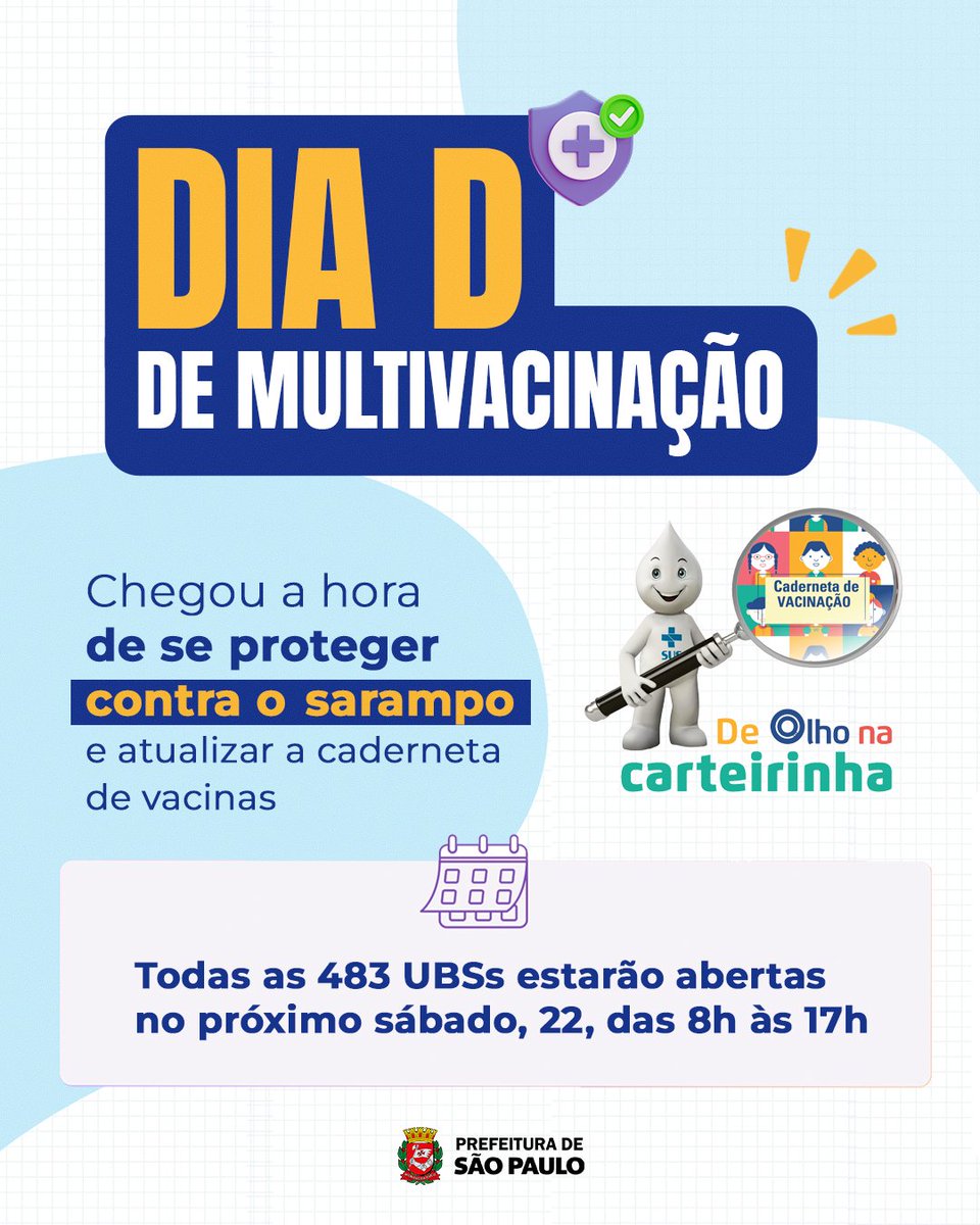 saudeprefsp's tweet photo. É hora de se proteger contra o sarampo! Todas as 483 Unidades Básicas de Saúde (UBSs) da cidade estarão abertas no próximo sábado, 22, das 8h às 17h para atender a população que deseja se vacinar.

A dose da tríplice viral, que protege contra sarampo, caxumba e rubéola, é indicada para todas as pessoas, de seis meses a 59 anos de idade.

Além disso, se a sua caderneta não está atualizada, é a oportunidade perfeita para atualizar.

#SaudePrefSP #Sarampo #Vacinação #Vacinas