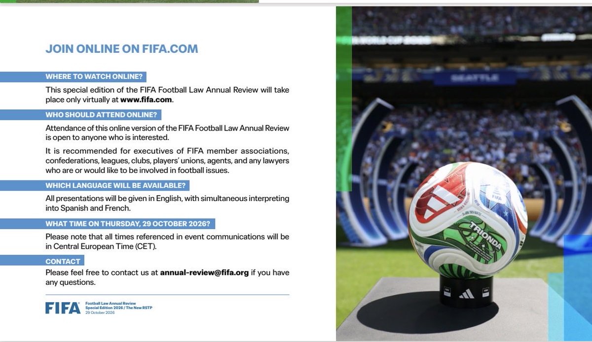 GarciaSilvero's tweet photo. The 2027 FIFA RSTP will reshape international football transfers, with the new provisions taking effect on 1 January 2027.

Join the free special edition of the FIFA Football Law Annual Review, live on https://t.co/kQux6h9nKL on 29 October 2026.

+ info👇

https://t.co/HwTffmfNIN https://t.co/uNT0GcclMD