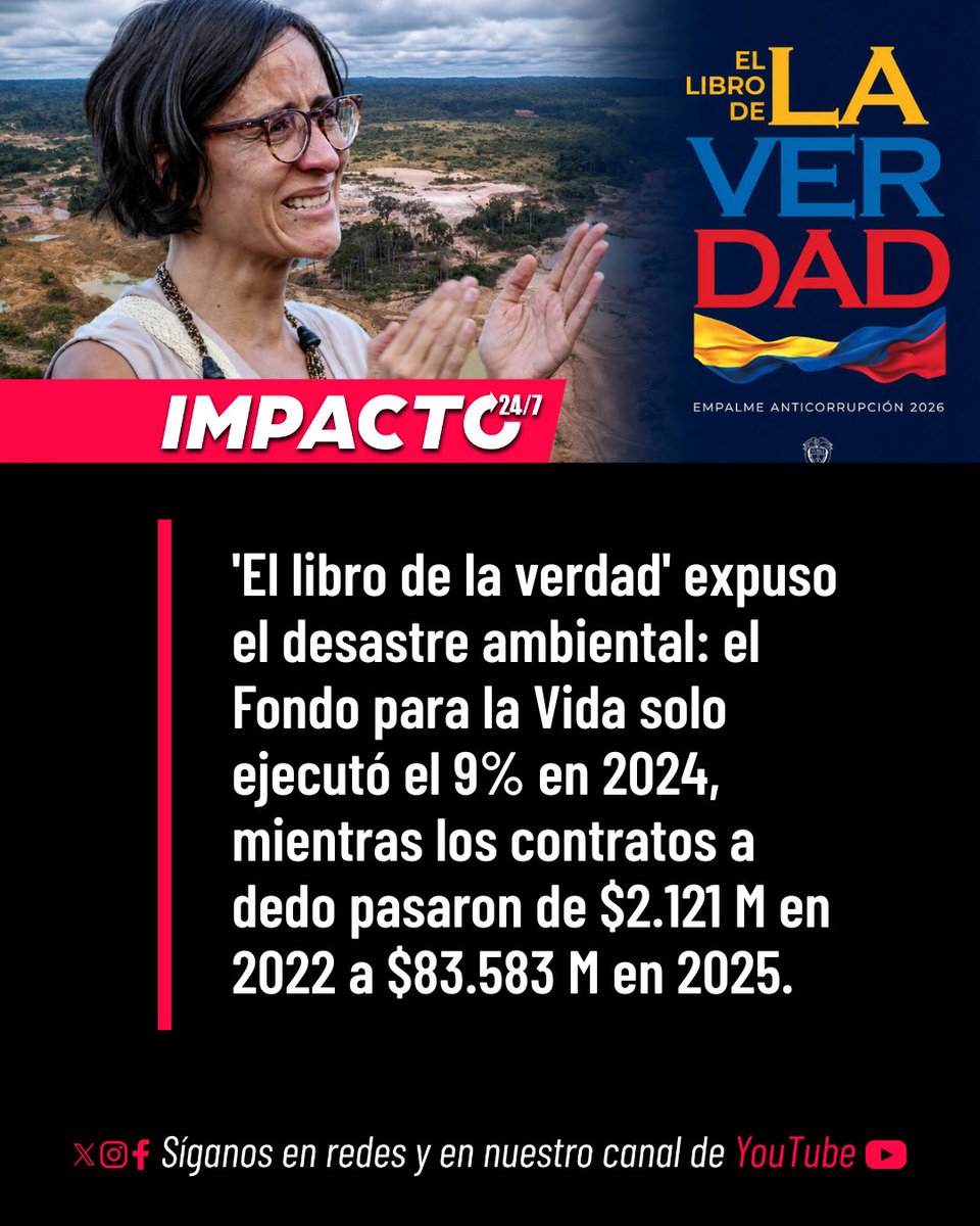 Impacto24_7's tweet photo. 🚨🇨🇴 CORRUPCIÓN Y FALSO AMBIENTALISMO | El ministro Fabio Arjona destapó en 'El libro de la verdad' el engaño del discurso ecológico del gobierno Petro. Solo en 2024 la deforestación llegó a 113.608 hectáreas (43,4% más), mientras los contratos a dedo pasaron de 142 por $2.121 millones en 2022 a 1.199 por $83.583 millones en 2025: ¡un salto del 744%! Además, el Fondo para la Vida tuvo una paupérrima ejecución del 9% sobre $868.694 millones en 2024. Puro saqueo burocrático.