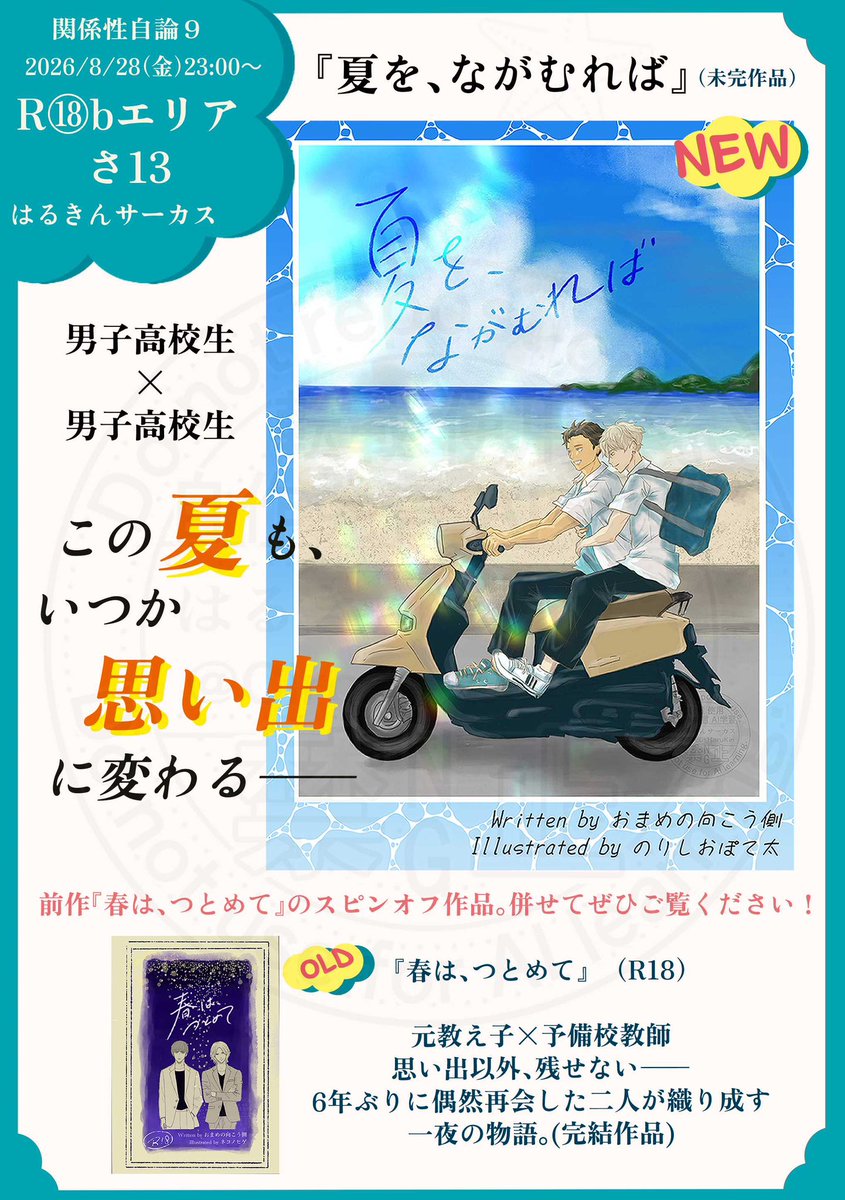 CircusHaruKin's tweet photo. #創作BLｵﾝﾘｰ関係性自論9 に参加します！
【サークル名】はるきんサーカス
【スペースNo.】R18b/ さ13

🆕『夏を、ながむれば』。
DK×DKの夏の焦ったい物語が始まる。

サンプル画像、素敵に出来ました…❣️
引用の電子パンフは、R18bの一番最後ページに掲載されています。
是非見て下さい〜🍉🌊 https://t.co/qBp2jGZg9n