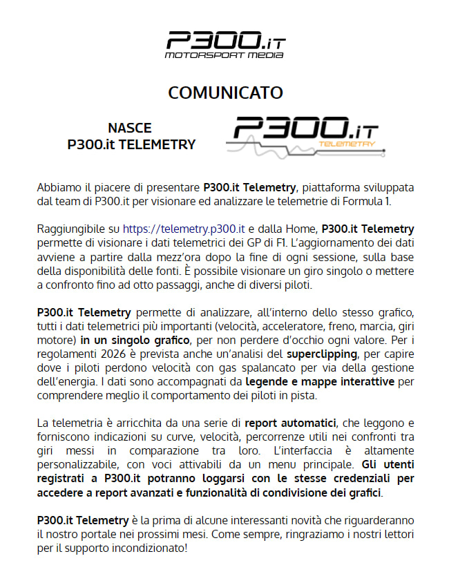 P300it's tweet photo. Annunciamo una novità per https://t.co/c460NDoSF3. Nasce https://t.co/c460NDoSF3 Telemetry, la piattaforma per analizzare le telemetrie dei GP di F1.

https://t.co/bTjFC9vz1Q 

#F1 #Telemetry https://t.co/iZFgz1C7iG