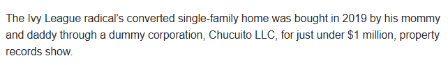 sunscreaminho's tweet photo. >be me
>dad of dsa NYC co-chair
>pay for sons yale education
>pay sons $2600/m rent for 3 years while he works in an art gallery
>let son vacation in my $3m boca raton mansion
>buy $1m dollar NYC apt for son

>check twitter: "he just has running water and electricity!"

>fml https://t.co/ZmsDMondRx