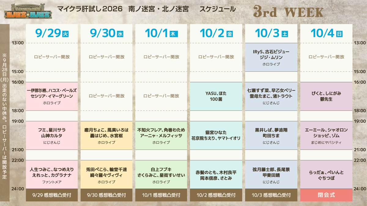ume_design's tweet photo. マイクラ肝試し2026 香盤表（完全版）！
今年は総勢146名に参加いただきます🎉
異世界にて２つの迷宮をクリアし世界を救えるのは誰だ？！

※運営配信のサムネにしたいのでファンアートもタグを付けて投稿お願いしますね。
#マイクラ肝試し2026 https://t.co/CjQhFogybA