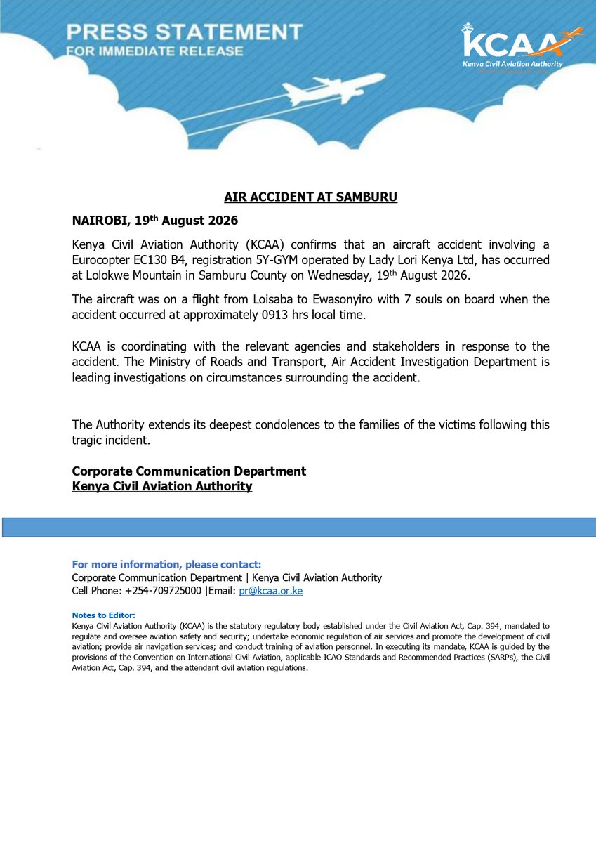 CAA_Kenya's tweet photo. An update on the air accident in Samburu of the operator and souls on board.
Read full statement below: https://t.co/WjiggB3vvo