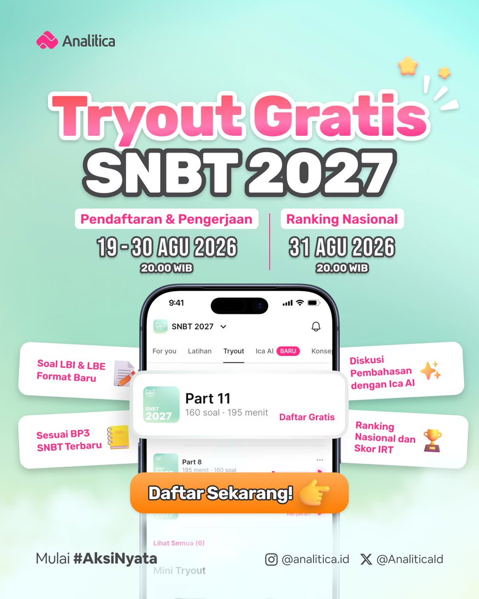 AnaliticaId's tweet photo. [TRYOUT GRATIS SNBT 2027]

Sekarang waktunya semigap, gap year, dan angkatan 27 mulai persiapan UTBK lagi! 💪

Cara daftarnya gampang! Ada di slide berikutnya -> https://t.co/sHl3K2unNY