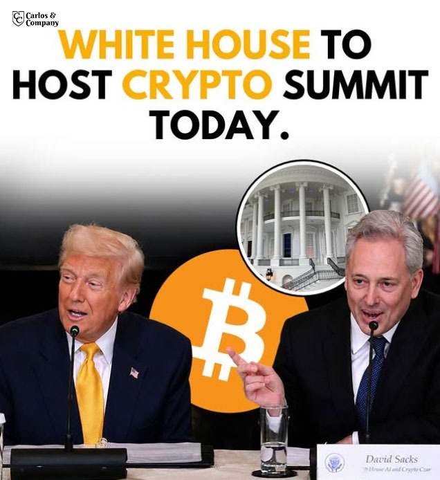 carlosncomp_us's tweet photo. The White House is set to host a major Crypto Summit today. Donald Trump, David Sacks and key crypto leaders are expected to discuss regulation, stablecoins, Bitcoin and making the U.S. a global crypto hub.

A major moment for crypto. 

#Crypto #WhiteHouse https://t.co/6j6WjxiruM