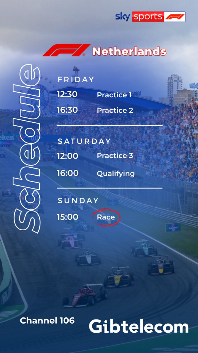gibtelecom's tweet photo. 🏎️ The Dutch Grand Prix returns to the sand dunes of Zandvoort.

Catch all the action live on Sky Sports F1 with Gibtelecom TV. 🏁

📺 TV + Broadband from £30/month
📞 20052200 | https://t.co/TYAxOoWJhM

#gibtelecomtv #Formula1 https://t.co/tSpH321jL7