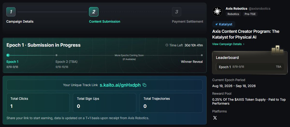 0x_Samir's tweet photo. first project @axisrobotics is live on Kaito

0.25% of the $AXIS token supply for the top 500 and 100% unlocked at TGE

how to join:

- click apply https://t.co/mfRTWZAqlJ
- post about axisrobotics
- submit your post link on Kaito

rewards are fully based on your results, including how many people sign up and join through your link

also, only your top 6 posts will be counted