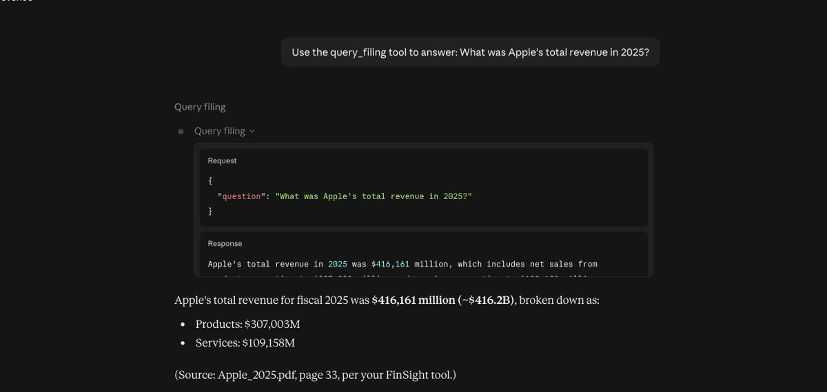 anuragtech5's tweet photo. Built an MCP server for FinSight. Claude Desktop now calls my SEC filing RAG pipeline as a tool — discovers it, queries it, gets grounded answers.

Hardest part wasn't the code. It was a print() statement corrupting the JSON-RPC protocol and a 30s model load causing startup timeouts. Real integration problems, not tutorial problems.

Two tools: one returns answers, one returns raw chunks. Different agents want different things.
https://t.co/fm7LuWQJSd

#AIEngineering #MCP #RAG