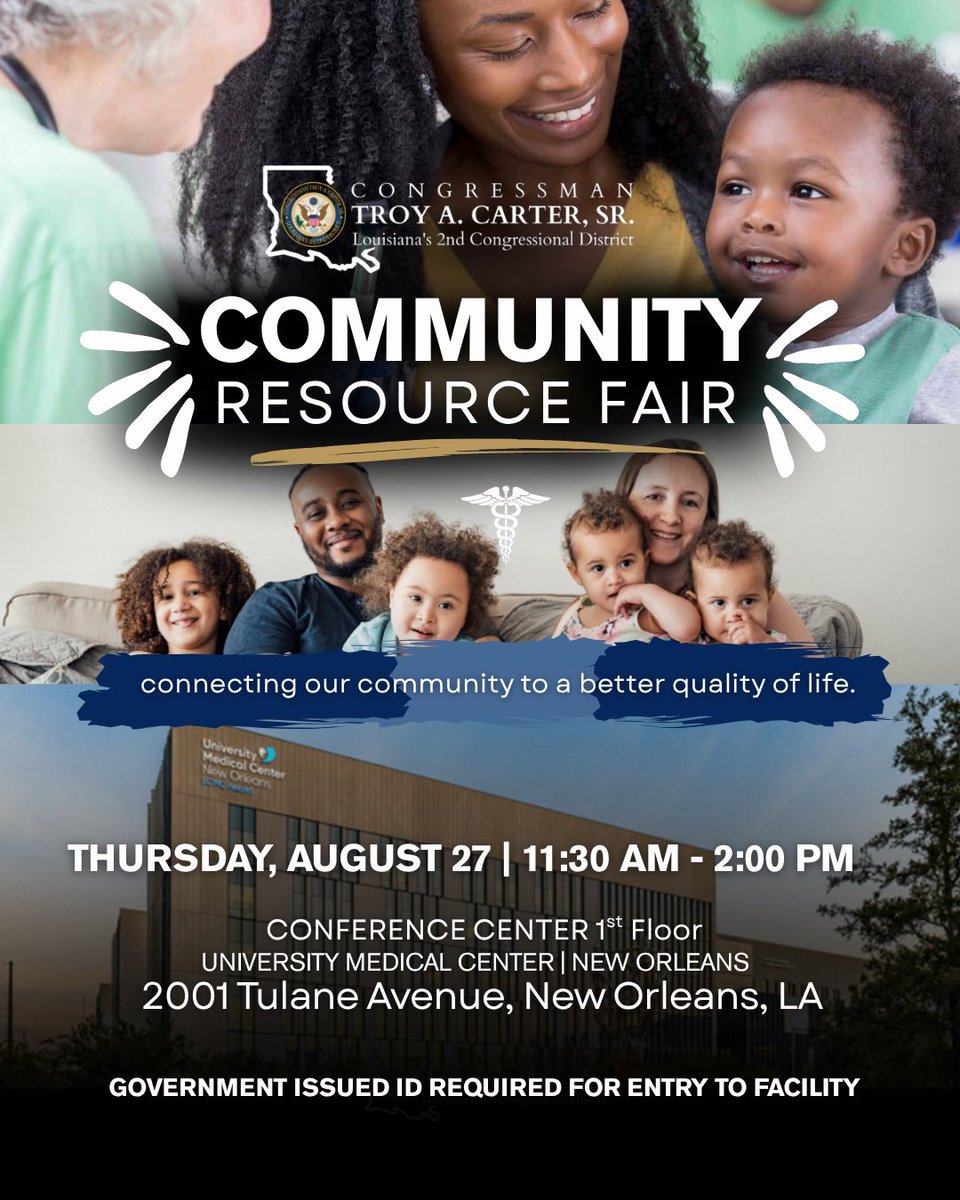 RepTroyCarter's tweet photo. It’s my honor to invite you to our Community Resource Fair, being held in the heart of New Orleans!

In the midst of an administration attempting to strip working families, our seniors, the disabled, and everyday people of healthcare, housing and jobs, we are so excited to connect our community to these vital resources!

Join #TeamCarter and our terrific partners from across Louisiana on Thursday, August 27th, at 11:30 AM in the Conference Center 1st Floor at the University Medical Center of New Orleans @UMCNO. 

Bring a friend, a neighbor, and your family. See you there!