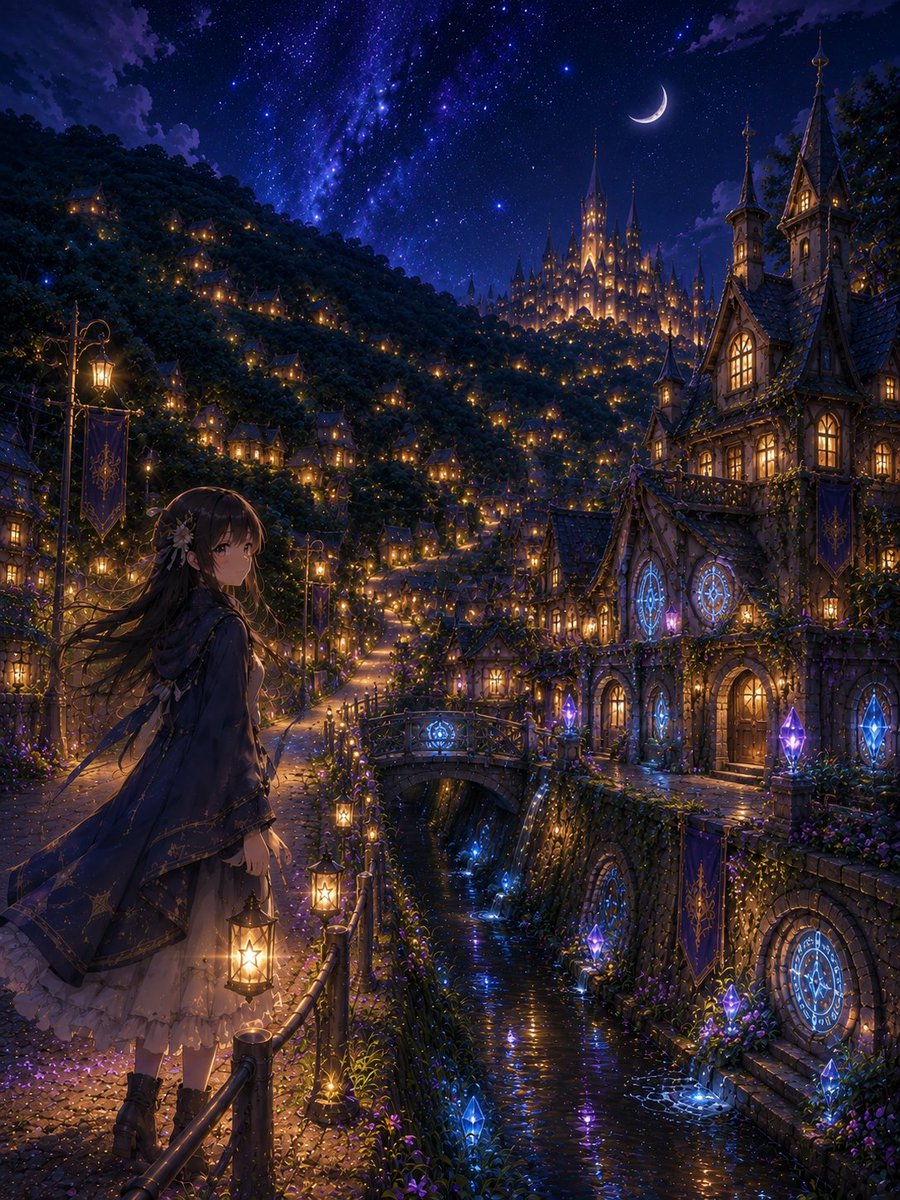 saka__no__mukou's tweet photo. 星降る夜、いつもの道��魔法の世界へ。

川沿いに灯るランタン。
山の上には、夜空に浮かぶ大きな城。
そして、ひとりの旅人。
彼女はこれから、どこへ向かうのでしょう。

Beyond the hill, another world awaits. ✨

#AIart #FantasyArt #MagicWorld #ファンタジー #幻想風景 #AIイラスト https://t.co/B6F5wHJAy7