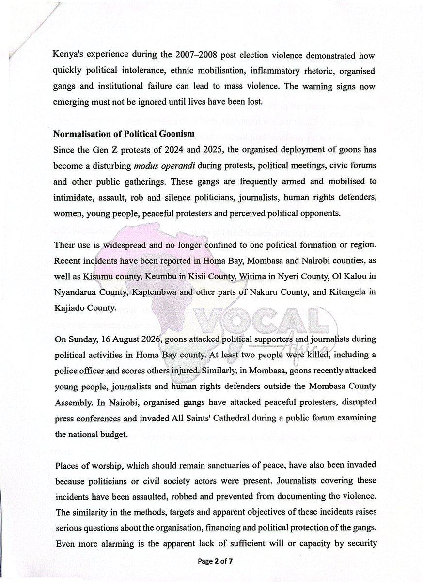 VOCALAfrica_'s tweet photo. 🚨 URGENT APPEAL!!!!!

We have officially written to  the International Criminal Court (ICC) to place Kenya under close observation ahead of the 2027 General Election. 

With the alarming normalization of organized political goonism, unchecked inflammatory rhetoric and paralyzing institutional failure, the warning signs are clear and cannot be ignored. 

We cannot wait for lives to be lost before taking action. We are calling on the ICC and the international community to monitor this deteriorating human rights crisis immediately to prevent our country from descending into mass violence.